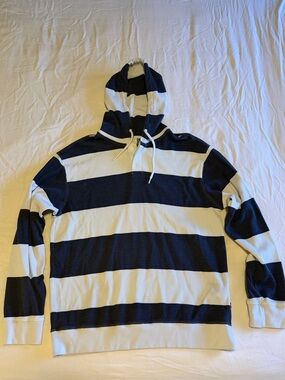 Levi's Navy and White Striped Hooded Rugby Sweatshirt